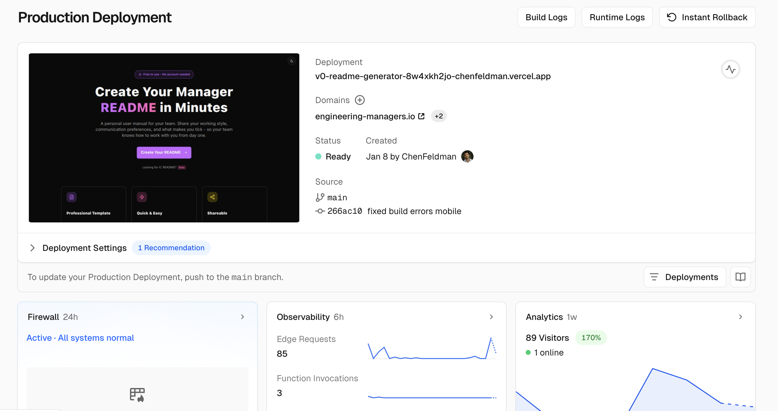 Vercel Dashboard Integration