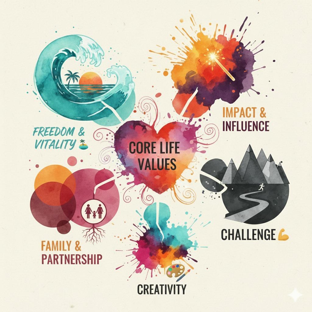 An illustration of my core life values: freedom and vitality, impact and influence, challenge, creativity, family and partnership