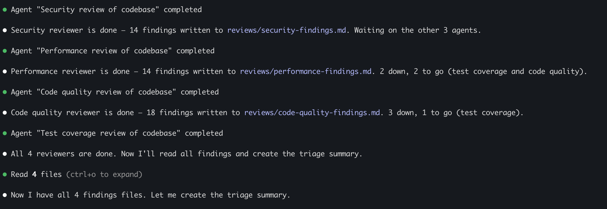 Agents finishing one after another — Security, Performance, Quality, Coverage — and the Orchestrator creating a Triage