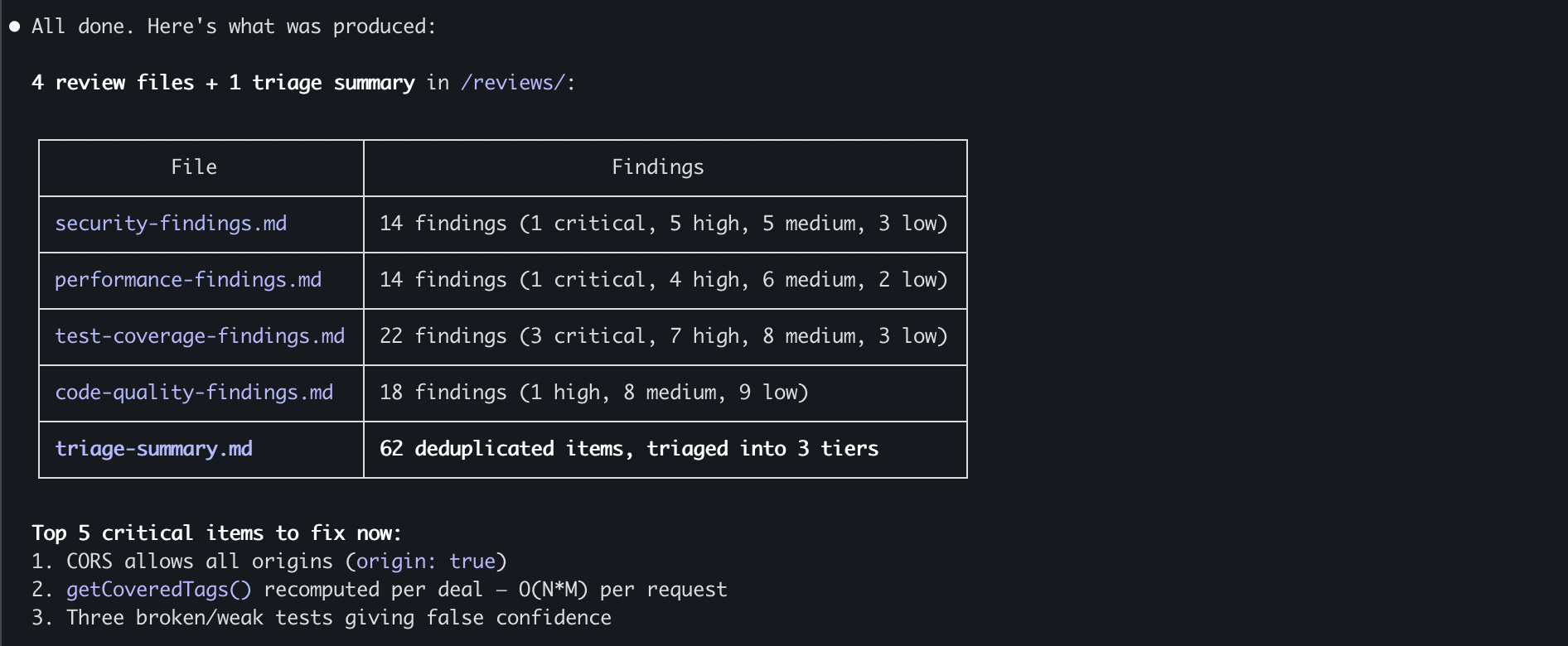 Triage Summary with Fix now? for each finding — Top 5 Critical Items